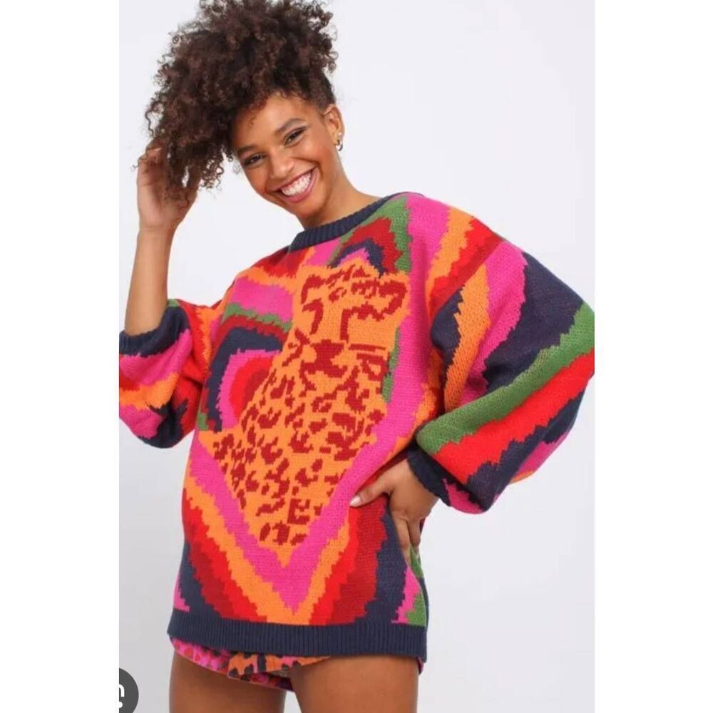 Farm Rio Cheetah  oversized multi color bright  sweater sz P